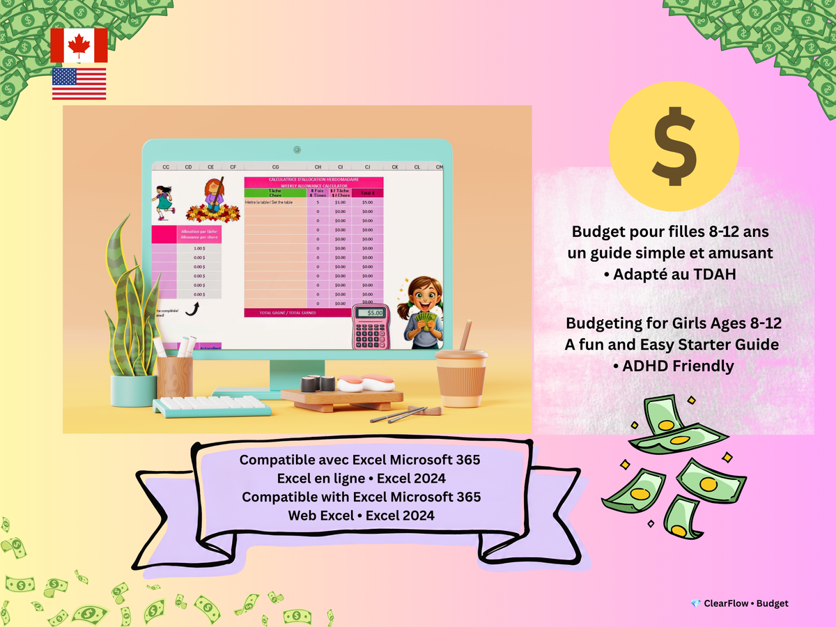 Premium Dynamic Savings Dashboard • Girls 8–12 • Canada & USA • ADHD‑Friendly • Goals • Allowance (Copy)
