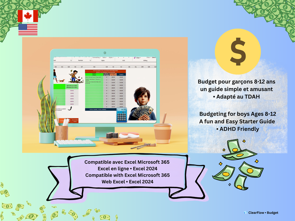 Premium Dynamic Savings Dashboard • Boys 8–12 • Canada & USA • ADHD‑Friendly • Goals • Allowance