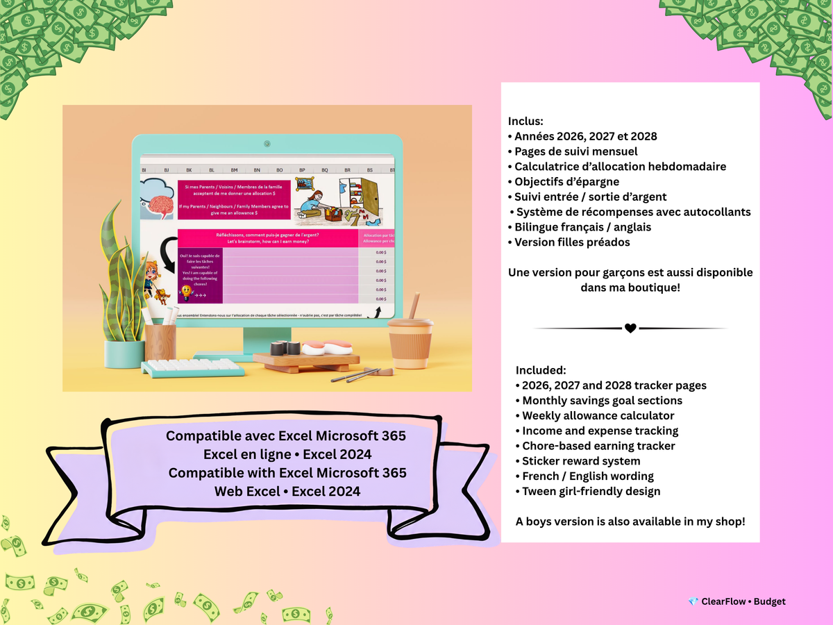Premium Dynamic Savings Dashboard • Girls 8–12 • Canada & USA • ADHD‑Friendly • Goals • Allowance (Copy)