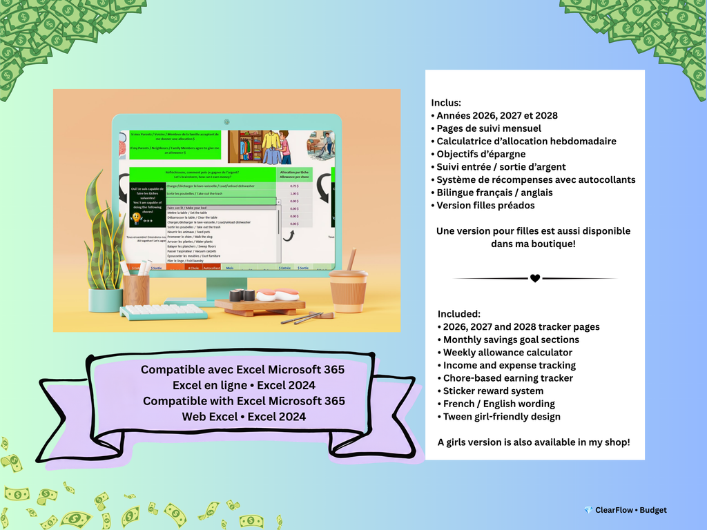 Premium Dynamic Savings Dashboard • Boys 8–12 • Canada & USA • ADHD‑Friendly • Goals • Allowance